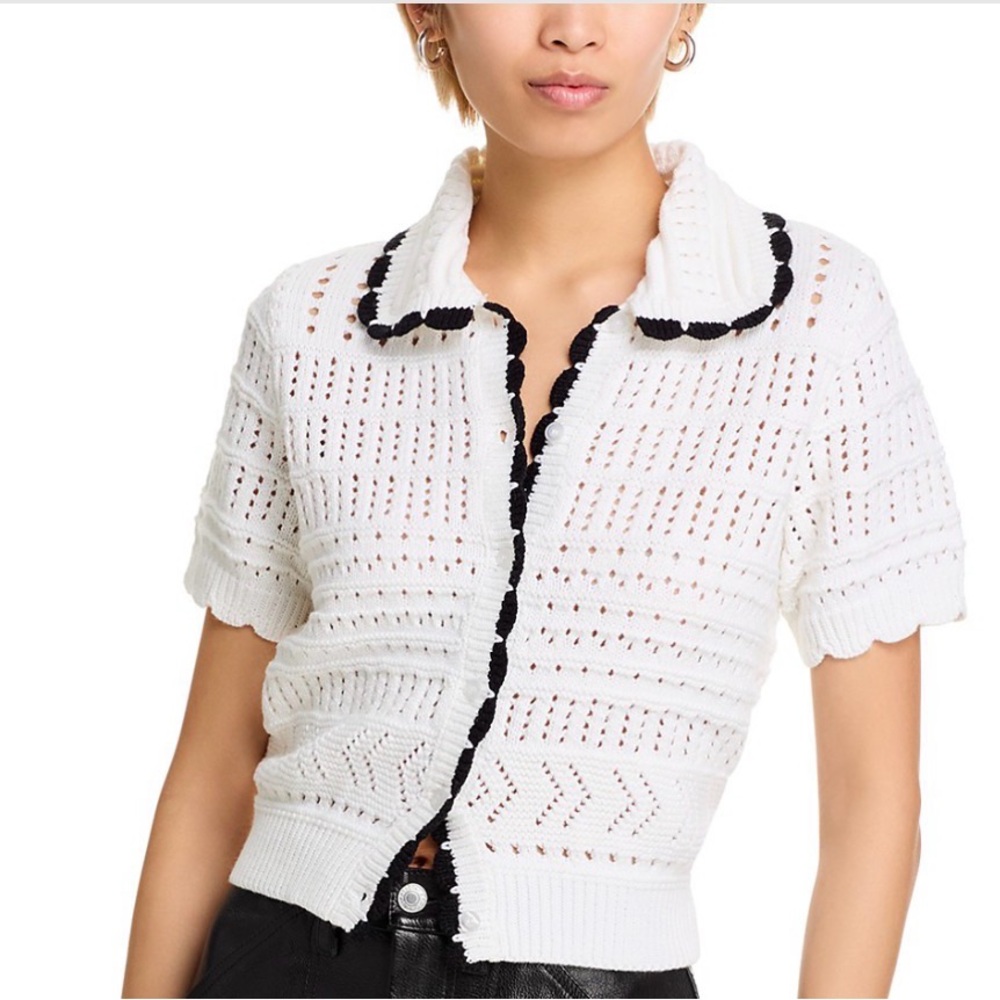 Aqua White Crochet Button-Down Shirt with Black Accents